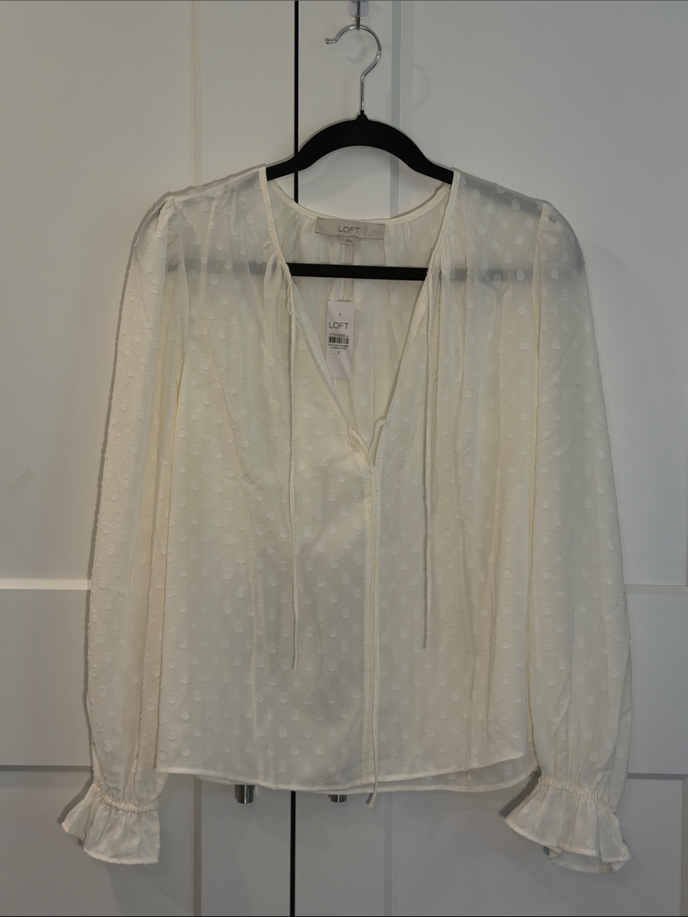 LOFT Cream Swiss Dot Tie-Neck Peasant Top